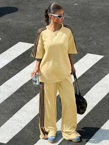 Conjunto informal de 2 piezas con correa tejida vintage marrón y diseño de parches para mujer - amarillo ganso - Ver 1