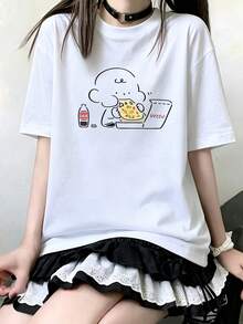 Y2k > Tops 100% Cotton Fan T-Shirt Men's & Women's, Fashionable And Versatile Clothing For Girls, Printed Pattern, Office Wear, Casual Wear, Perfect For Inner Or Outer Layering, Korean Fashion Round Neck Short Sleeve Top - White - View 2