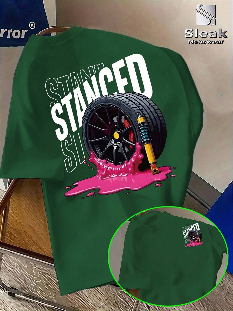 STANCED Men's Low Profile Car Modification T-Shirt - Graffiti Print With Racing Wheel Hub And Shock Absorber Design, Pink Liquid Splatter Design, Suitable For Car Enthusiasts, Streetwear, Daily Commuting, Machine Washable Summer T-Shirt - Green - View 1