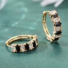 Luxurious Vintage Black & White Synthetic Zirconia Ear Clips With Gold Decoration, Exquisite Women's Jewelry, Ideal Gift For Holidays - Gold - View 6