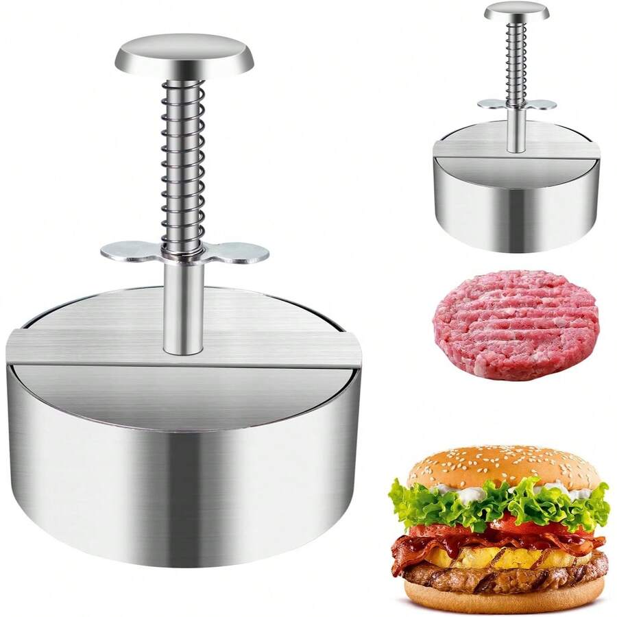 1個不鏽鋼漢堡壓模，不鏽鋼彈簧漢堡肉餅製作器 - 輕鬆壓製牛肉、蔬菜和起司肉餅，適合廚房燒烤與烹飪