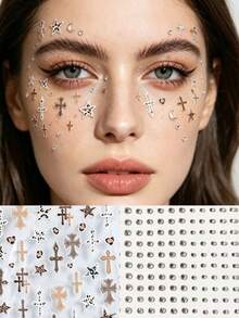 1pc Y2K Leopard Print Cross Star Face Sticker Set With Glittery Face Gems, Easy To Create Cool And Edgy Face Glitter Makeup. Comes With Retro Carnival Vibe, Glue-Free And Easy To Apply, Suitable For Music Festivals, Parties And Other Occasions, Create A Personalized Sweet And Cool Look, Easily Become The Center Of Attention. - Multicolor - View 1