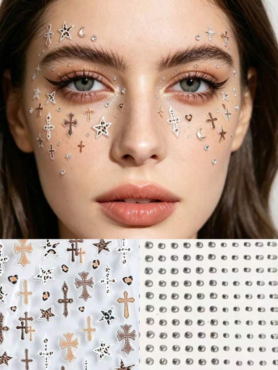1pc Y2K Leopard Print Cross Star Face Sticker Set With Glittery Face Gems, Easy To Create Cool And Edgy Face Glitter Makeup. Comes With Retro Carnival Vibe, Glue-Free And Easy To Apply, Suitable For Music Festivals, Parties And Other Occasions, Create A Personalized Sweet And Cool Look, Easily Become The Center Of Attention. - Multicolor - View 1