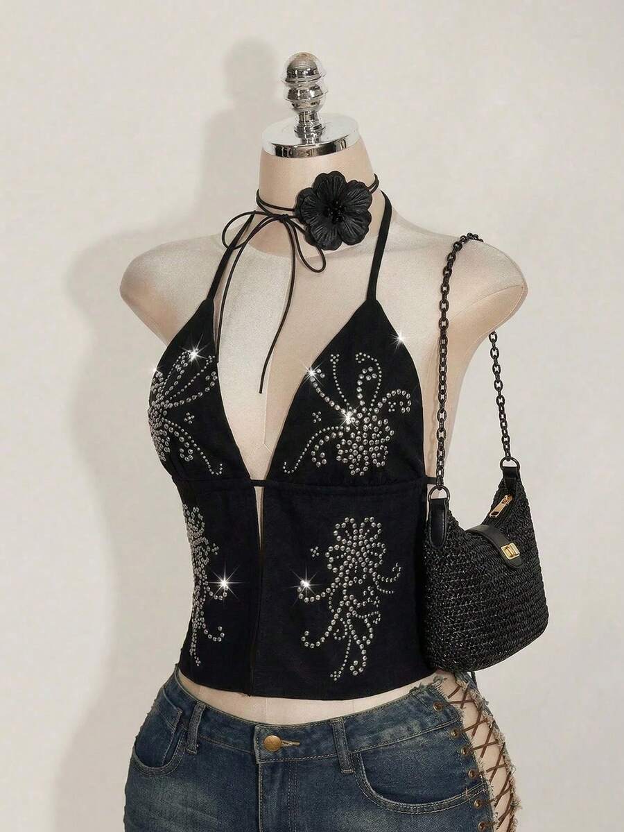 ICON Top halter de malla sin espalda con lazo dividido en el dobladillo, estilo Y2K - Negro 2 - Ver 1