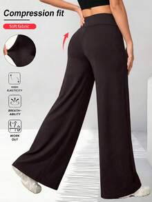 Pantalones de pierna recta acampanada de cintura alta en unicolor - Marrón - Ver 3