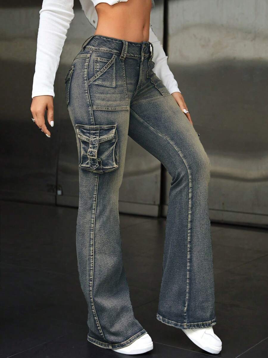 ICON Pantalones Acampanados De Mezclilla Estilo Vintage Con Cargadera - Niebla azul - Ver 1