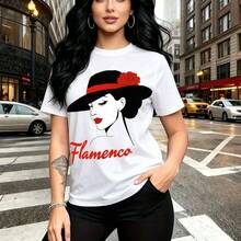 Camiseta de mujer con estampado artístico de rostro con labios rojos y sombrero adornado con rosa, palabra "Flamenco" en caligrafía - camiseta negra de manga corta estilo urbano y moderno, ajuste cómodo y elegante para el calor del día - ideal para p - Blanco - Ver 7