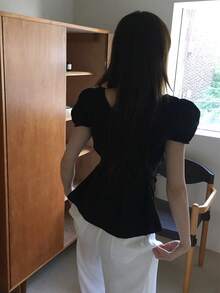 女款甜美圓領蝴蝶結腰部荷葉邊短袖夏季黑色上衣 - 黑色 - 查看 2
