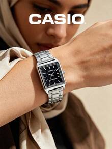 Casio 女款方形防水手錶，粉色放射狀錶盤，不鏽鋼錶帶，石英機芯，可愛美學Y2K風格長方形女士休閒/日常/禮品手錶 - 黑色 - 查看 3