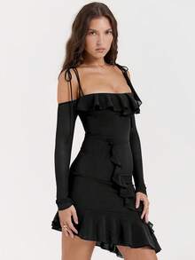 Vestido Nuevo Cuello Recto Espalda Descubierta Corte Sirena - Negro - Ver 1