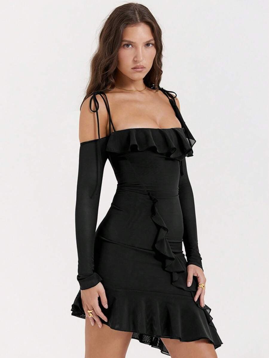 Vestido Nuevo Cuello Recto Espalda Descubierta Corte Sirena - Negro - Ver 1
