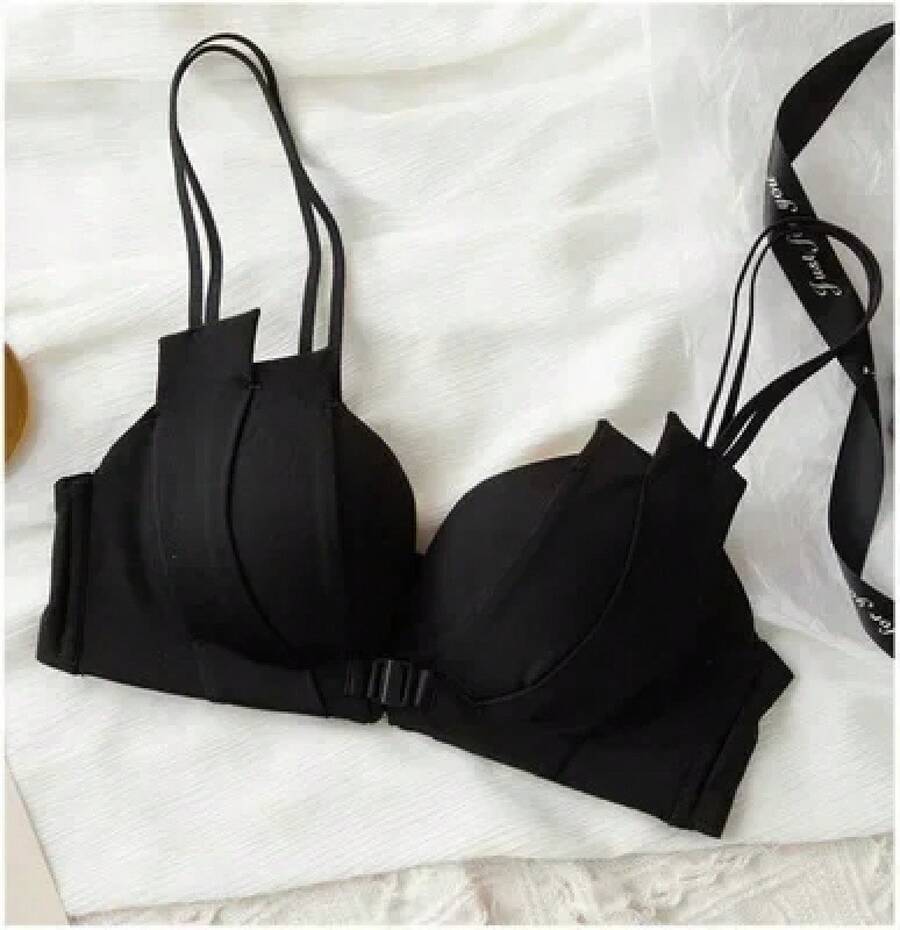 Ropa interior Sexy con botón frontal para mujer, pecho pequeño recogido sin anillo de acero, pechos cómodos antiflacidez, parte de atrás bonita, sujetador negro - 5379Negro - Ver 1