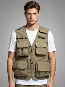 Men's Multi-Pocket Outdoor Work Vest, Sleeveless Partitioned Pocket Vest, Daily Commute Sports - 卡其色 - 查看 10