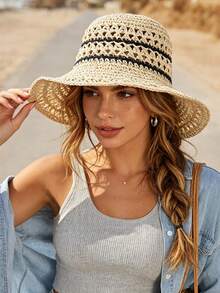 1pc Polyester Bohemian Straw Hat, Fashion New Brim Design, Breathable Outdoor Sun Protection Hat, Suitable For Daily Outdoor Use - Multicolor - View 9
