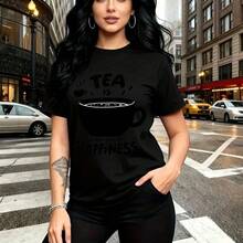 Camiseta de mujer con estampado de taza de té humeante y frase "TEA IS MY CUP OF HAPPINESS" - camiseta casual de manga corta, ajuste cómodo y estilo urbano ideal para paseos por la ciudad, regalos perfectos para mamá, esposa, novia, hermana mayor y h - Negro - Ver 11