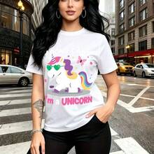 Camiseta de mujer con estampado de unicornio arcoíris y gafas de sol verdes con frase "I DON'T CARE I'm a UNICORN" - camiseta casual de cuello redondo, ajuste cómodo y estilo divertido urbano - ideal para Día de la Madre, cumpleaños y regalo perfecto - Blanco - Ver 11