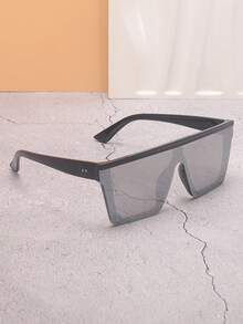1pc Square Large Frame Rivet Connected Mirrored Fashion Glasses, Unisex Fashion Glasses Suitable For Street, Beach, Party, Travel, Gift For Women - Black Frame White Mercury Film - View 6