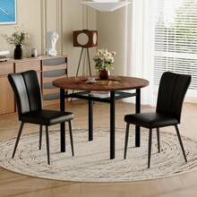 Modern And Minimalist Round Dining Table Set (With 2 Black PU Chairs), 100cm Diameter Round Table With Wood Look, Suitable For The Dining Room And Kitchen. - Black and Brown - View 9