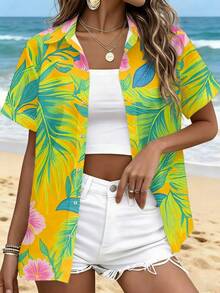 2026 New Women's Short-Sleeve Shirt Tropical Floral Print Fresh Vacation Style Top Everyday Casual Commuting Versatile Shirt Machine Washable - Flower - View 4