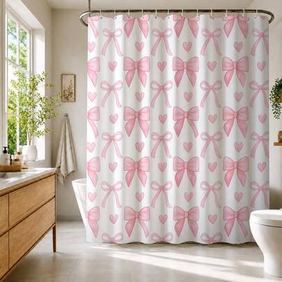1/4 Pcs Pink Heart & Bow Bathroom Set, Includes Shower Curtain, Bath Mat, U-Shaped Toilet Seat Cover, Toilet Lid Cover, Waterproof, Shower Curtain, Fashion Curtain, Modern Style Bathroom Partition, No Drilling Required, Polyester, Machine Washable Bathroom Decor