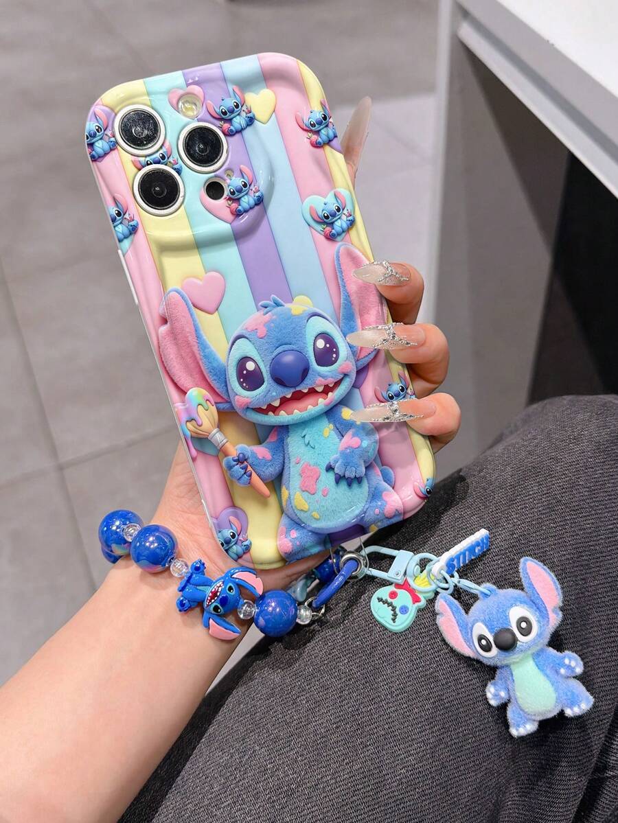 Disney Has Authorized, Phone Case - Chain Set, The Stitch Lilo & Stitch 3D Phone Case Plus A Silicone 3D Stitch Bracelet With Metallic Ring Removable Bracelet, Stitch And Angel Pattern, Compatible With Iphone17/16/15/14/13/12/11/XS/XR/X Plus Pro Max, A Stylish Cartoon Phone Case, The Perfect Gift Choice, Phone Protection, Durable Phone Cover, Great Gift For Friends And Family. - 白色 - 查看 1