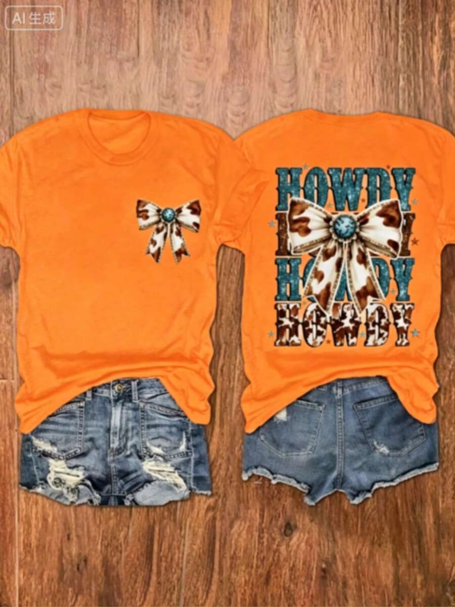 Western Tops Women, Turquoise Bow-Knot Print Round Neck Short Sleeve Top, Gift For Mom, Western Cowgirl Style, Country Outfit, Summer Cowboy Tee, Free Shipping - 橘色 - 查看 1