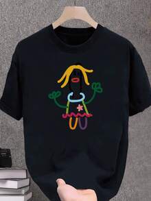 Colorful Painting Human Print Hip-Hop Design Unisex Short Sleeve T-Shirt Men'S Top - Black - View 1