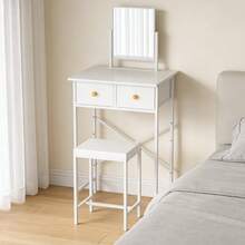 Small Vanity Desk With Mirror & Chair Makeup Vanity Table With 2 Drawers For Small Spaces - White - View 3
