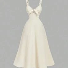 WNS  MOD Vestido midi elegante de unicolor con cintura fruncida y anudada, adecuado para fiestas y eventos - Rosa Pálido - Ver 4
