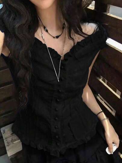 法式甜美蕾絲單排扣花瓣袖女上衣，夏季黑色