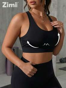 Zimi Collection Plus Size High Support Sports Bra Women Black Built-In Bra Cups Lattice Back Adjustable Hook & Eye Closure Mesh Panel Yoga Gym Workout Crop Top - Black - View 6