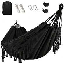 Double Hammock, Heavy Duty 500 Lb Load Capacity Tassels And Fishtail Knitting With Mounting Straps For Outdoor Camping Patio Balcony - Black - View 1