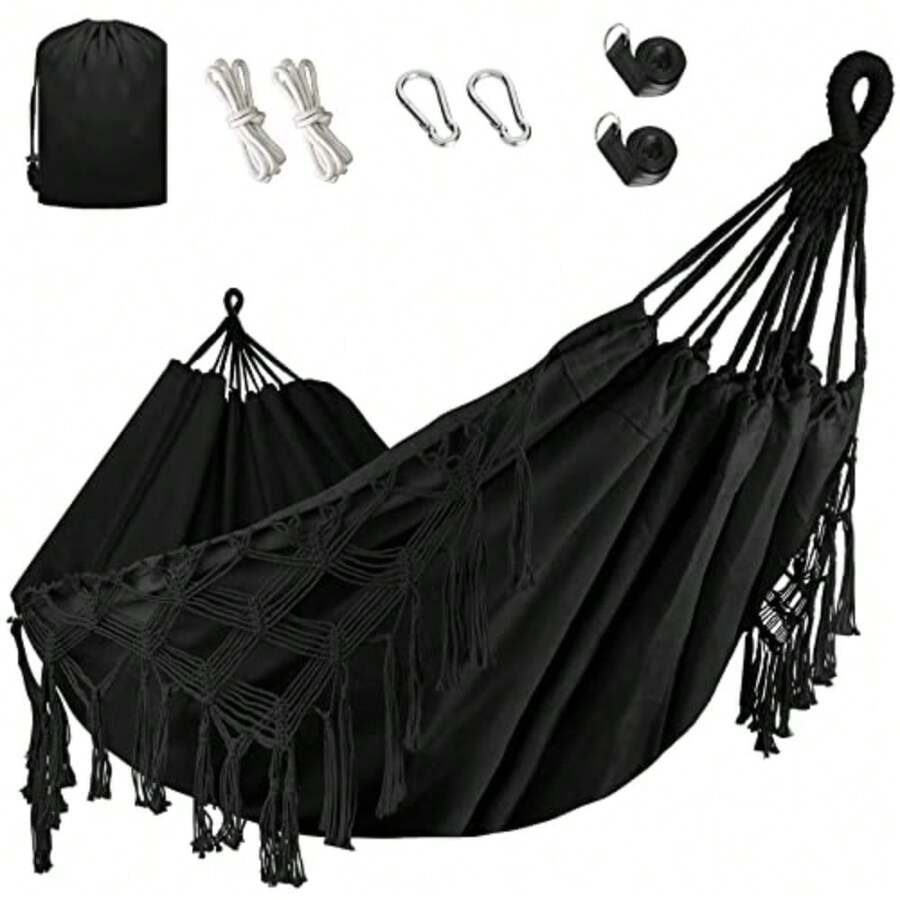 Double Hammock, Heavy Duty 500 Lb Load Capacity Tassels And Fishtail Knitting With Mounting Straps For Outdoor Camping Patio Balcony - Black - View 1