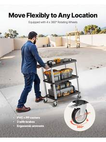 Utility Cart, 300 Lbs Load Capacity, 27.6x 18.1-Inch Service Cart, Three-Shelf Heavy Duty Plastic Utility Cart With 360 Swivel Wheels (2 With Brakes), Suitable Warehouse, Garage, Cleaning - 3 Layers + Small Size - View 3