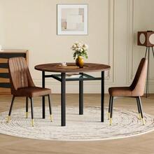 Modern Minimalist Round Dining Table Set (With 2 Chairs In Brown Technical Fabric And Black Metal Legs), 100cm Diameter Round Table With Wood Look, Suitable For The Dining Room And Kitchen. - Black and Brown - View 2