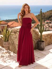 Đầm dạ hội dài màu đỏ thẫm gợi cảm bằng chiffon, không dây vai, họa tiết hoa, dành cho phù dâu. - Màu đỏ sẫm - Xem 3