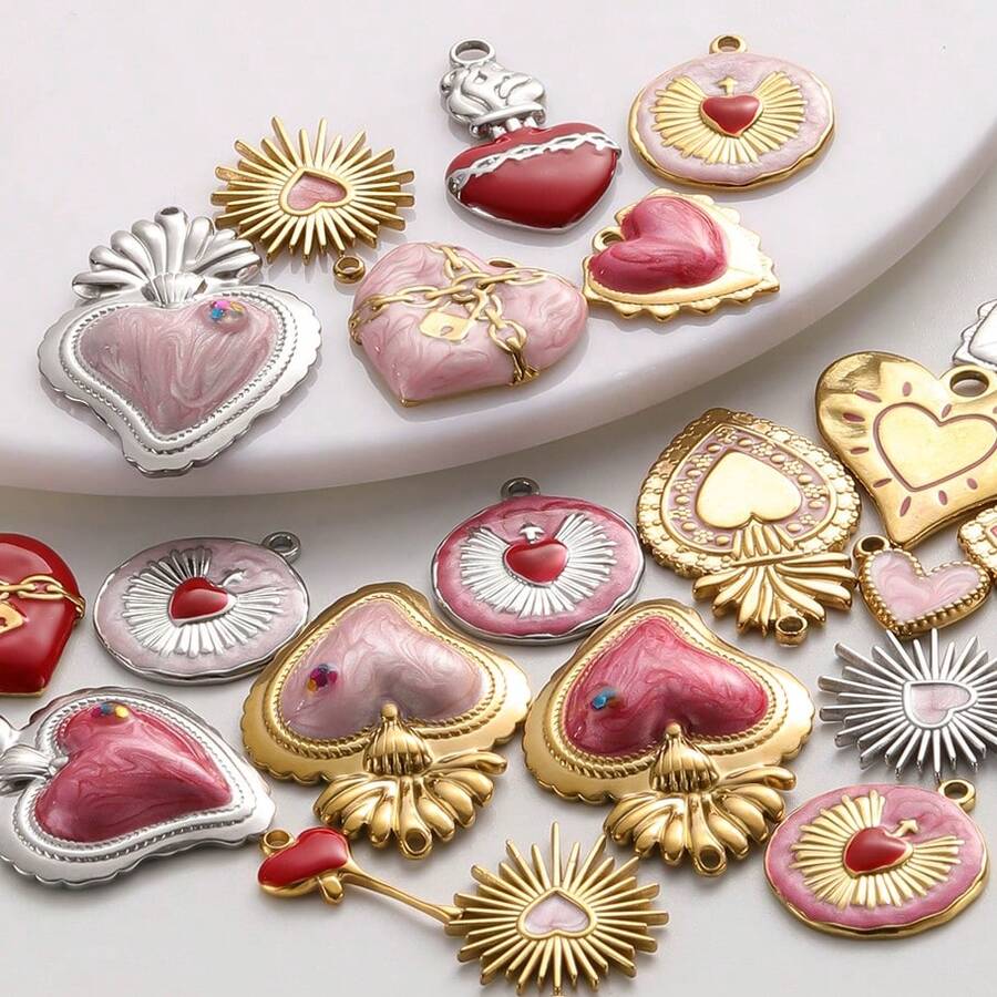 2pcs Rose Red Pearlescent Light Pink Oil Drip Sacred Heart Pendant Jewelry Making Charms 304 Stainless Steel Heart Pendant Sun Chain Flame Heart Pendant Suitable For Necklace Bracelet Earrings Bag Chain Decoration Personalized Vintage Fashion Accessories Enamel Sacred Heart Pendant Handmade DIY Gift Men Women Accessories Jewelry Supplies - Love Heart - View 1