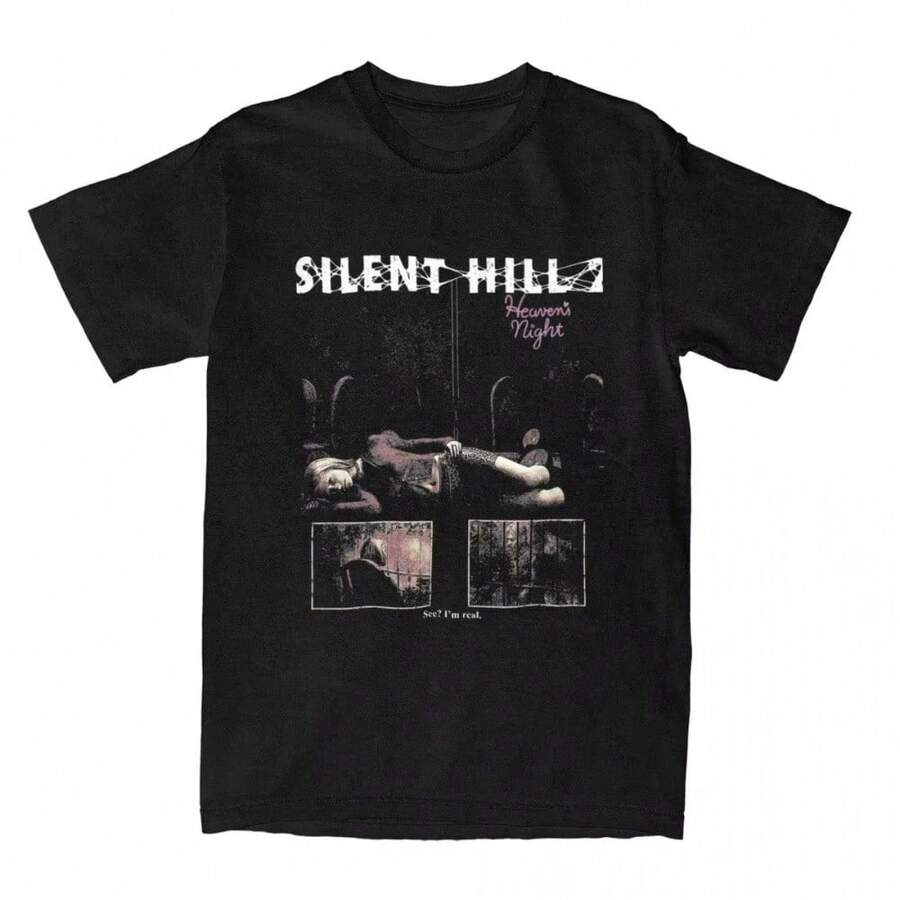 Camiseta Silent Hill 2 Heavens Night, Popular para Hombres y Mujeres, Manga Corta, Estilo Y2K, Básica, de Playa, de Algodón, Cuello Redondo, Talla Grande - Negro - Ver 1