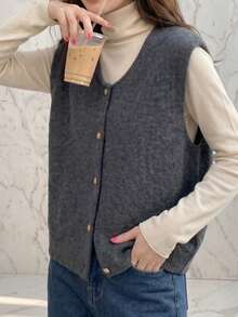 JIANHU Minimalist Knit Vest, Layering Design, Elegant Button Details, Suitable For Autumn/Winter Daily Wear | Warm & Versatile, Suitable For Christmas, New Year Party And Everyday Outfits - Dark Grey - View 9