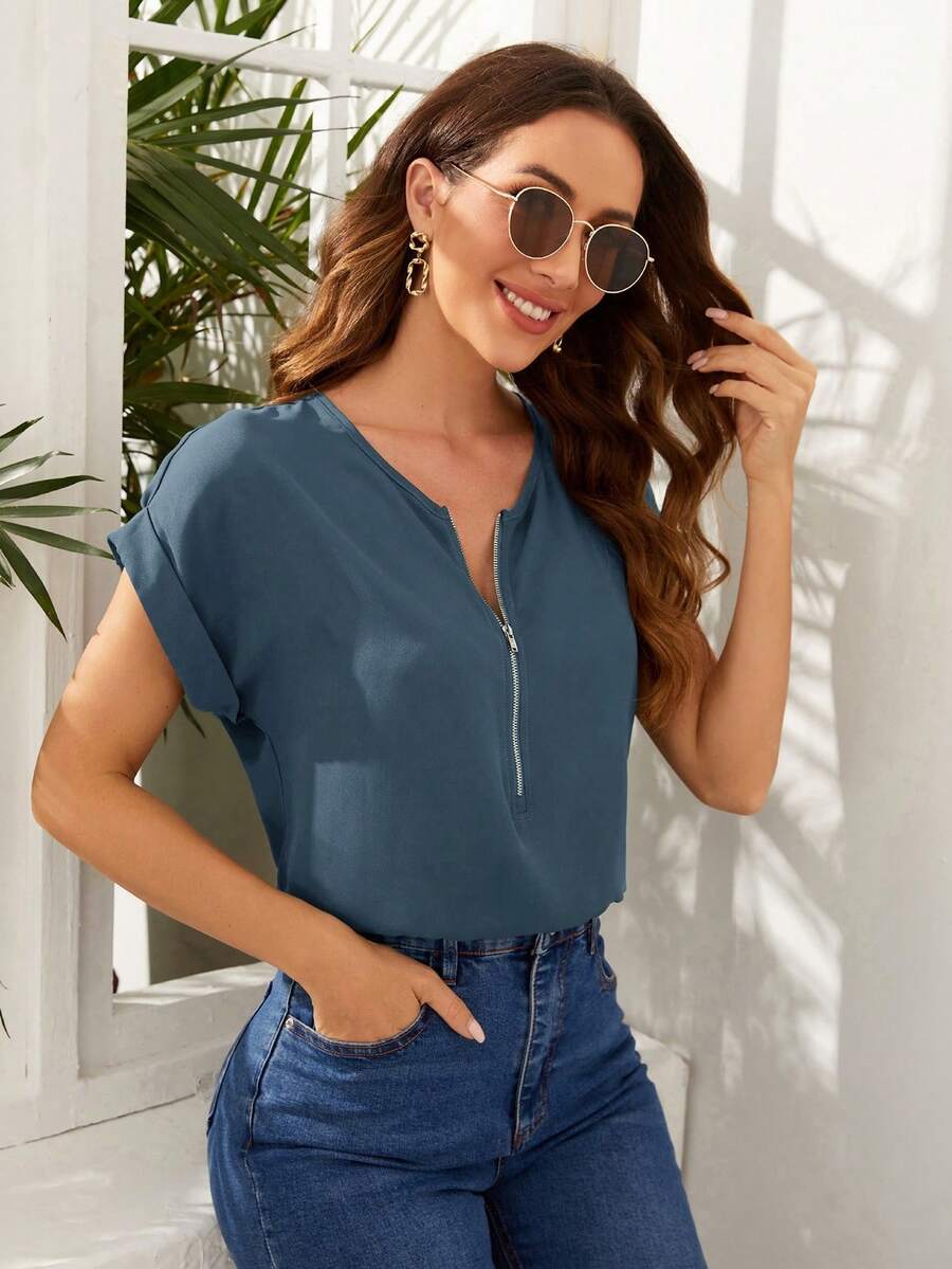 Blusa casual con cremallera y puños enrollados - Niebla azul - Ver 1