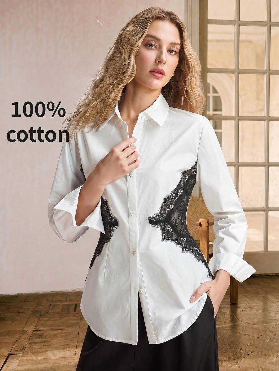 Camisa de manga larga con botones en el hombro, clásica para mujer, versátil para negocios, oficina, ocasiones formales, elegante para el transporte urbano, uso diario casual, estilo vintage romántico de los 90, adecuada para fiestas, graduaciones, invitados de boda, damas de honor, anfitrionas, salidas, eventos sociales, conciertos, ceremonias de graduación, brunch, aeropuerto - Blanco y Negro - Ver 1