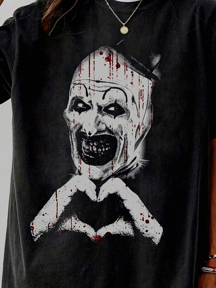 2026New:Horror Clown T Shirt| Unusual"Heart-Shaped Gesture"Printing T Shirt - Casual Round Neck,Slightly Elastic Fabric,Geometric Pattern,Short-Sleeve Design,Unisex Style - 黑色 - 查看 1