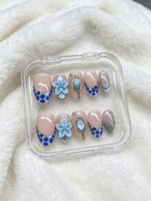 10Pcs Almond Luxury Handmade Press On Nails, Nude Base With Blue Crack Texture & Gold Rim Cat Eye, 3D Blue Carving Gem Decor, Minimal Y2K Punk Beach Nails, Reusable For Party Wedding Formal Occasions - Blue - View 2