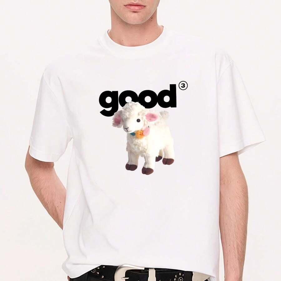 Men'S & Women'S Olive Green T-Shirt - Soft Everyday Casual Tee With Cute Sheep Graphic, All-Season Basic Top For Streetwear, Couples Outfits - Minimalist Everyday Essential, Streetwear Fashion, Playful Design, Comfortable Material, Short Sleeve Shirt, Unisex Clothing - Multicolor - View 1