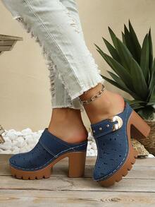 Sandalias de tacón alto con plataforma y punta cerrada para mujer, verano, casual, exterior, pantuflas - Azul Marino - Ver 4
