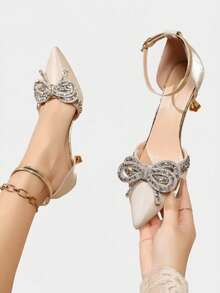 Zapatos de tacón alto con lazo de strass para boda, elegantes, bombas para mujer, atuendos de fiesta - Beis - Ver 10