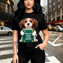 Camiseta de mujer con estampado adorable de cachorro beagle leyendo libro y frase "HOW TO TRAIN YOUR HUMAN" - camiseta casual de manga corta con ajuste cómodo y estilo urbano divertido - ideal para el Día de la Madre, cumpleaños o regalo perfecto par - Negro - Ver 9