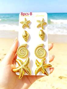 1/8 Pares Conjunto de Brincos de Botão Estilo Oceano Dourado, Conjunto de Brincos Estilo Férias com Design de Sereia/Estrela-do-mar/Concha/Concha/Garra de Caranguejo - Dourado - Visão 10