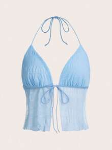 ICON Backless Mesh Halter Top With Split Tie Hem, Style Y2K - Celeste - View 1
