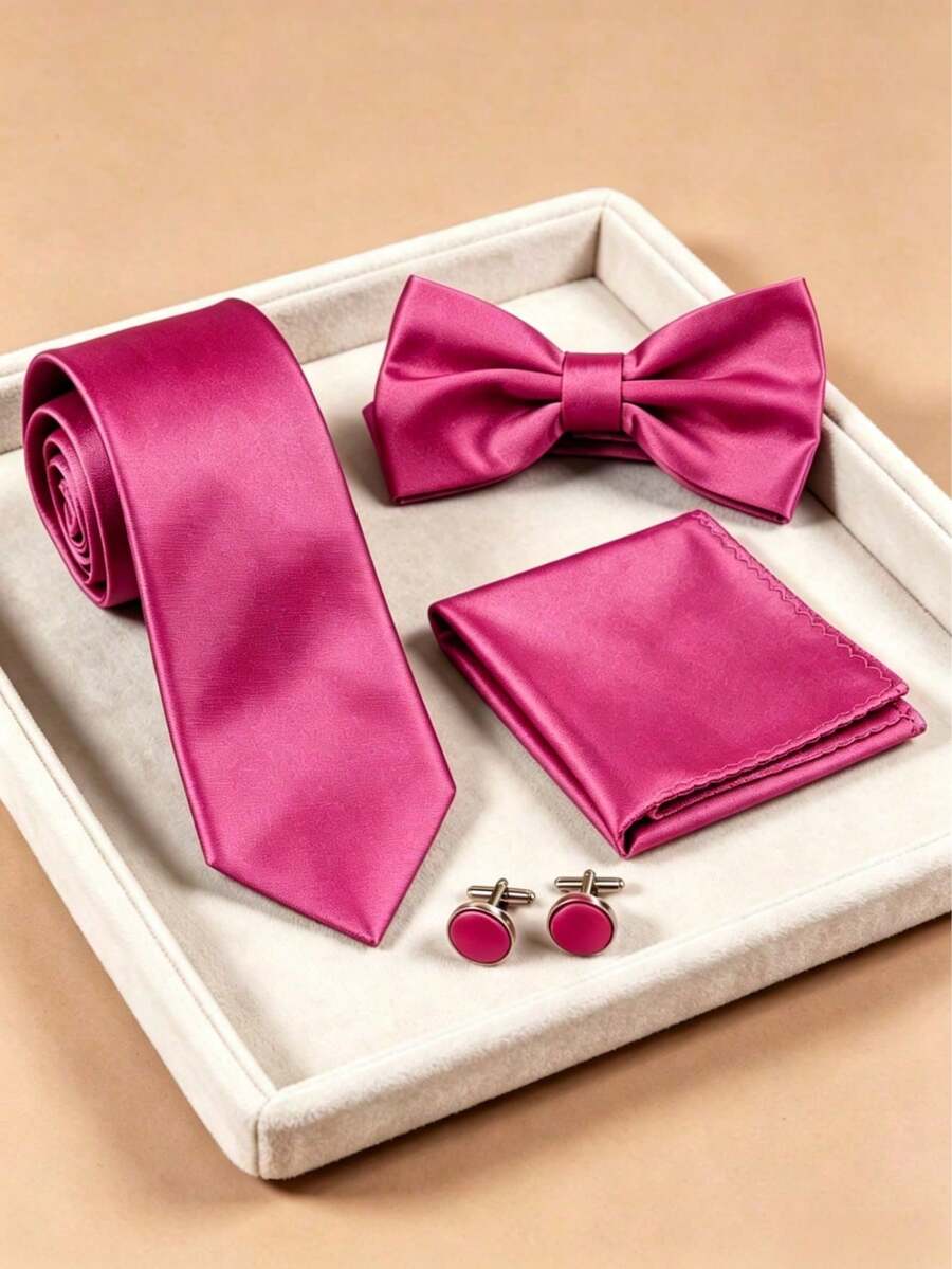 4pcs Men's Business Solid Color Polyester Tie & Bow Tie & Pocket Square & Cufflinks Combination Set, For Weddings - Hot Pink - View 1